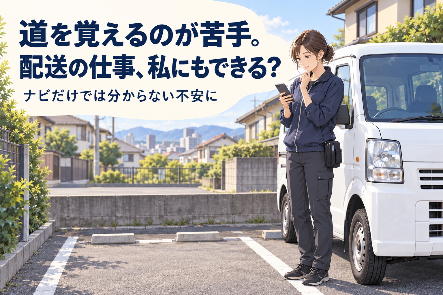 駐車場で軽貨物車の横に立ち、出発前にスマートフォンを確認する女性。道を覚えるのが苦手。配送の仕事、私にもできる？
