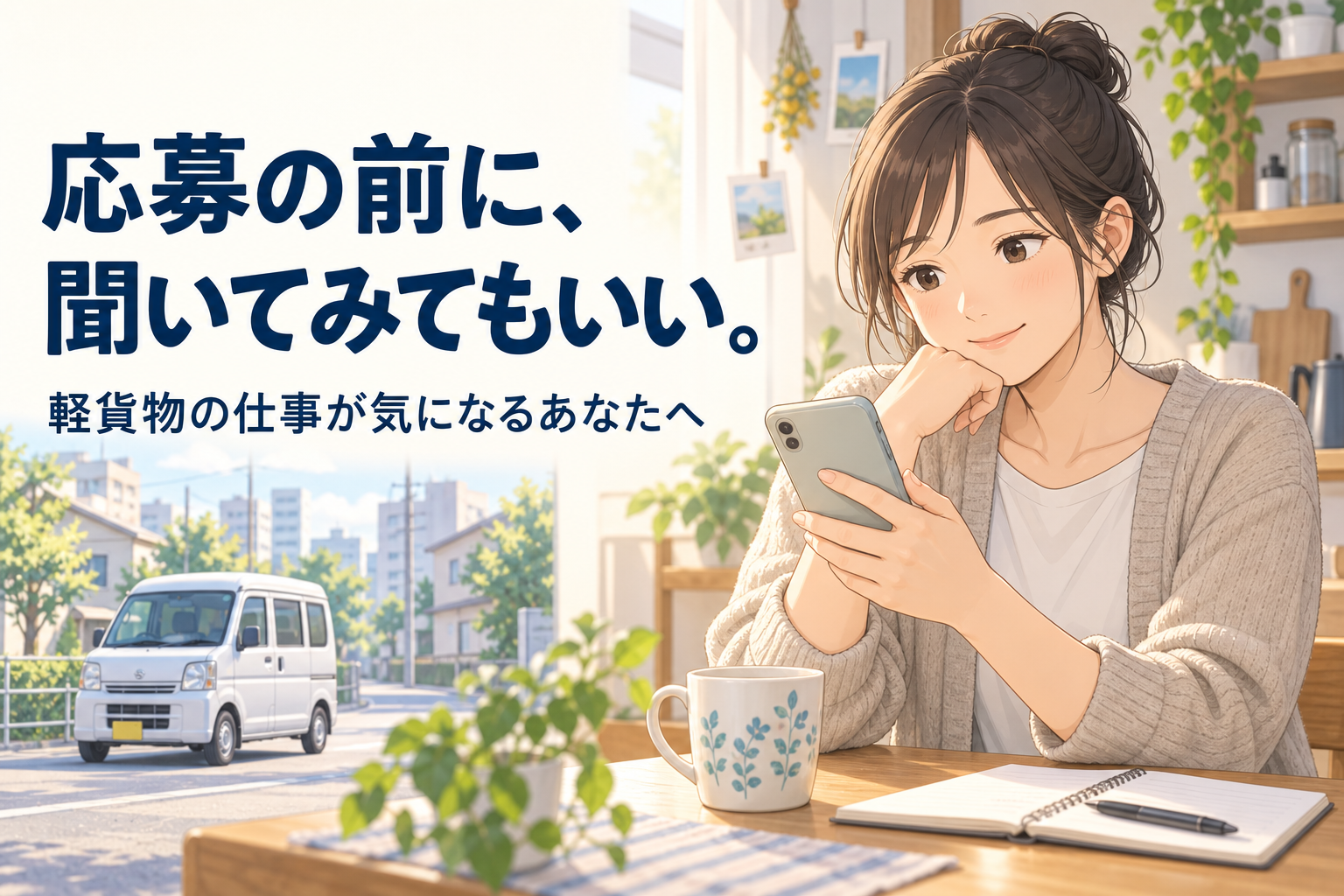 求人を見ながらスマートフォンを手に考える女性。「応募の前に、聞いてみてもいい。」の文字入りイラスト