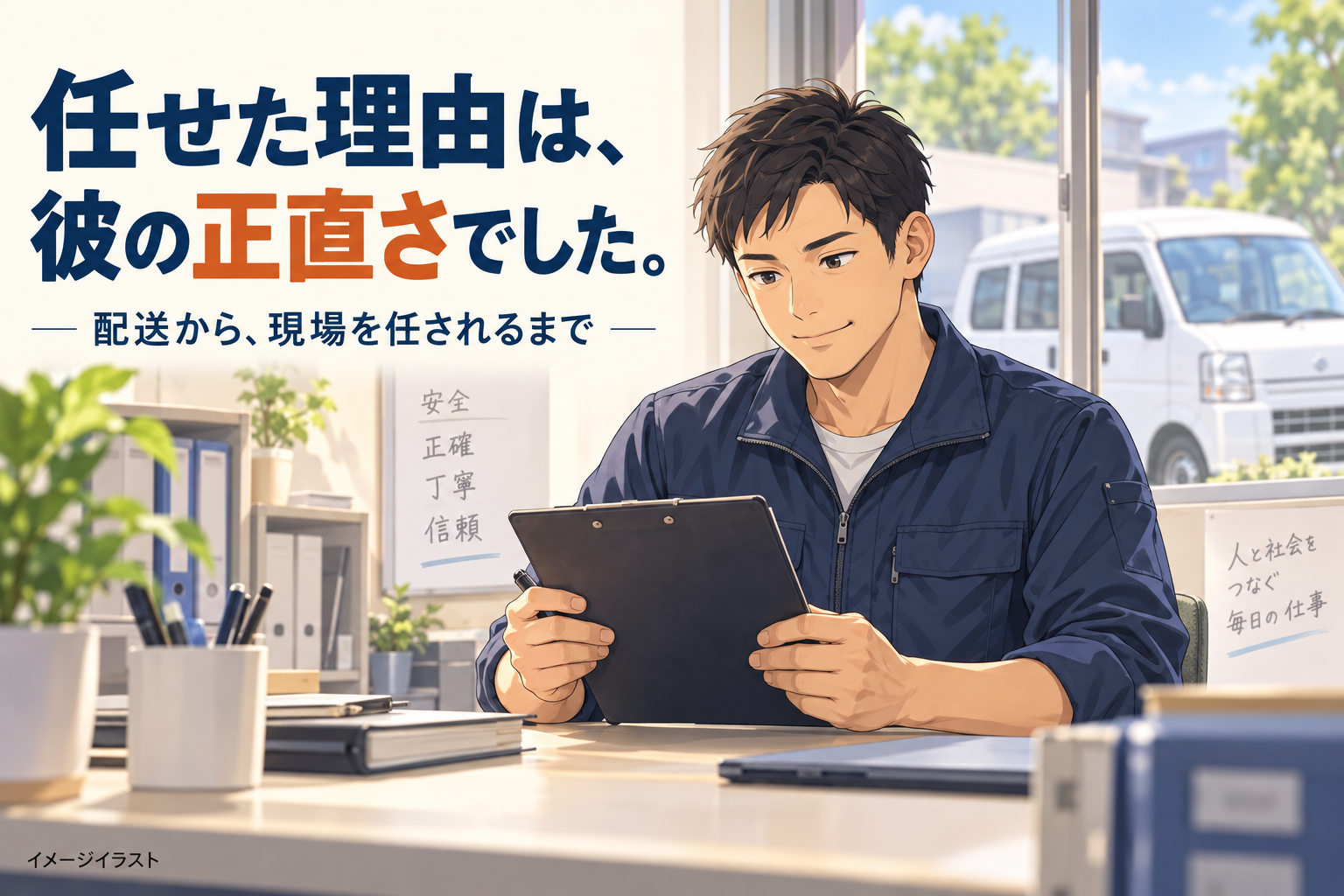 配車事務所で仕事を確認する男性のイメージイラスト。任せた理由は、彼の正直さでした。