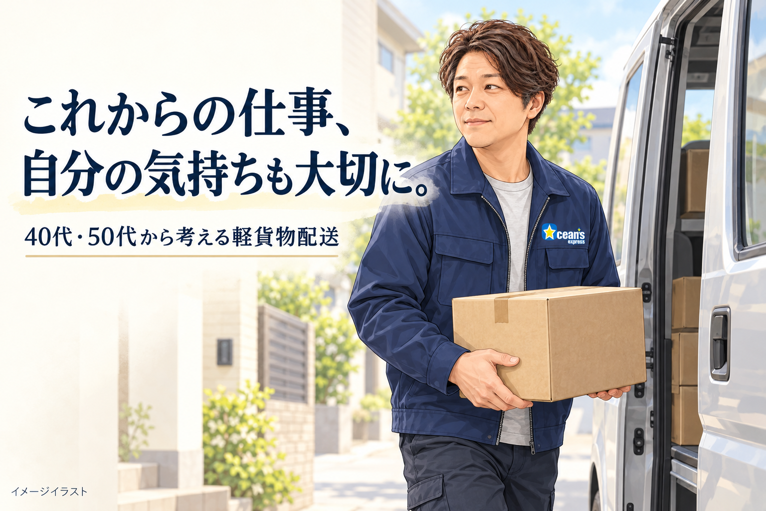 紺の作業着の40代くらいの男性が、停車した軽バンのそばで箱を持つイメージイラスト。「これからの仕事、自分の気持ちも大切に。」「40代・50代から考える軽貨物配送」のコピー入り。特定の人物や実際の勤務例の再現ではありません