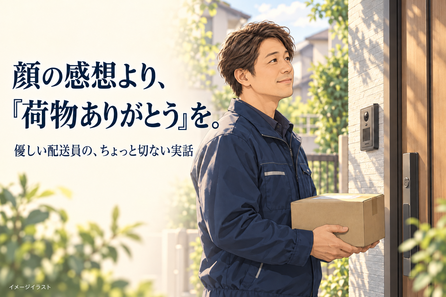 玄関の外で荷物を持つ、一重の目元で40代半ばの男性配送員。顔の感想より、荷物ありがとうを、というコピー入りイメージイラスト