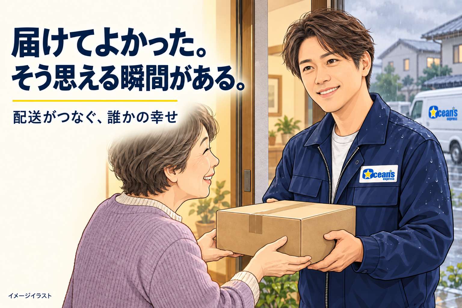 雨の日、Oceans expressのロゴ入り作業着を着た爽やかな笑顔の配送員が、玄関先の女性に荷物を手渡すイメージイラスト。届けてよかった。そう思える瞬間がある。というコピー入り