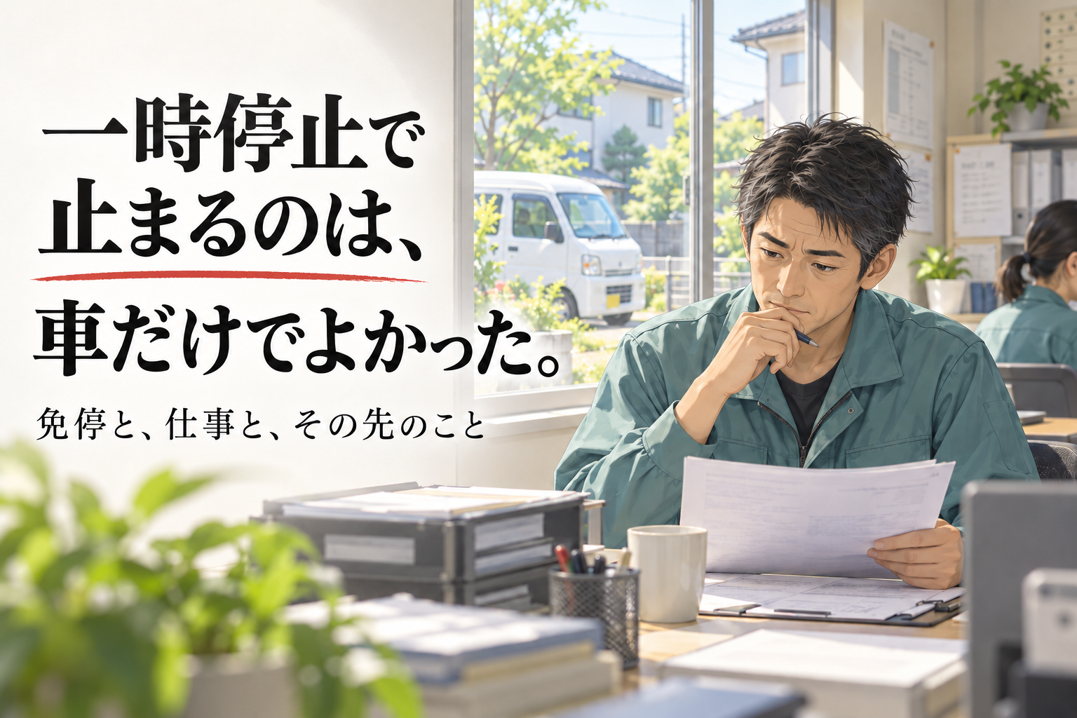 内勤の机で書類を確認する40代半ばの架空の男性ドライバー。一時停止と免停について考えるイメージイラスト