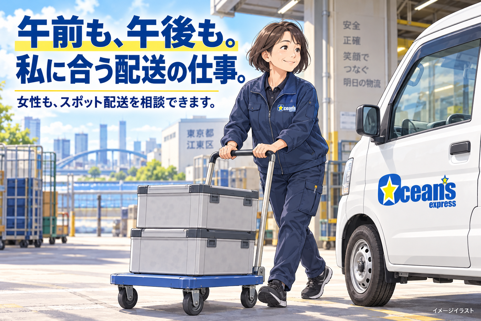 40代くらいの女性配送員が台車で箱を運ぶイメージイラスト。午前も、午後も。私に合う配送の仕事。というコピー入り。実在の人物の容姿の再現ではありません