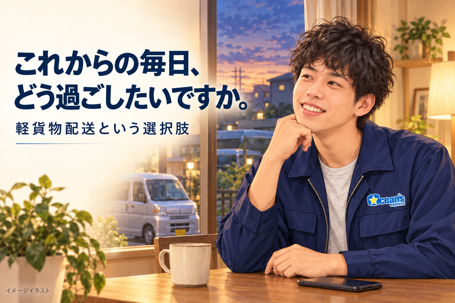 紺の作業着の若い成人男性が夕方の室内のテーブルでこれからを考えるイメージイラスト。窓の外に停車した軽バン。「これからの毎日、どう過ごしたいですか。」「軽貨物配送という選択肢」のコピー入り。本人の実際の自宅や勤務場面の再現ではありません