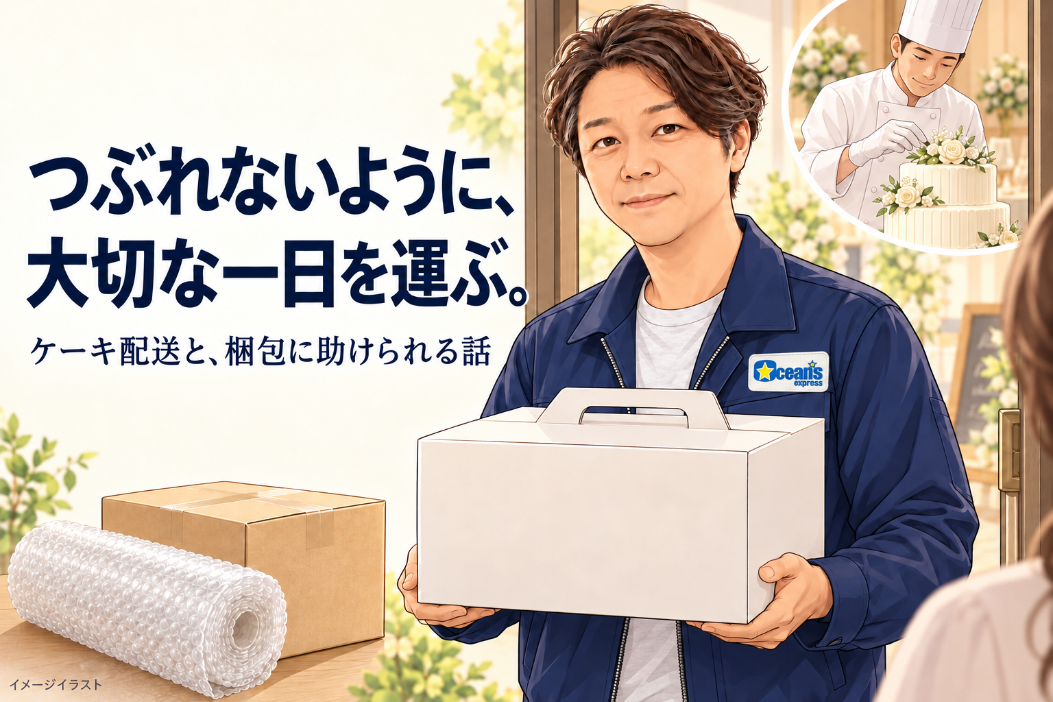 Oceans expressのロゴ入り作業着でケーキの箱を運ぶ配送員と、ケーキを仕上げるパティシエのイメージイラスト。