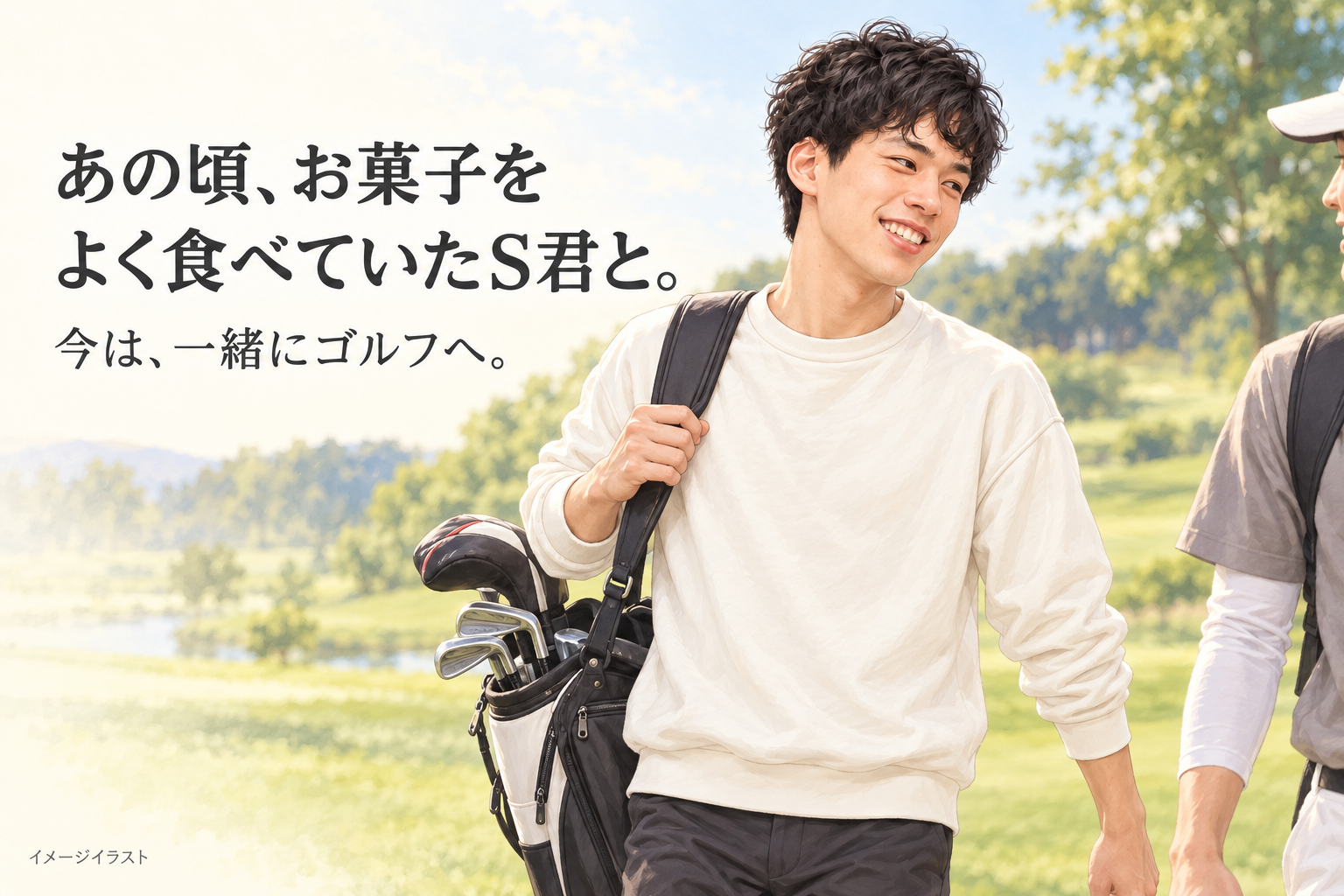 白いトレーナーの男性がゴルフバッグを持って歩くイメージイラスト。あの頃、お菓子をよく食べていたS君と。今は、一緒にゴルフへ。というコピー入り。実際のゴルフ場面の再現ではありません