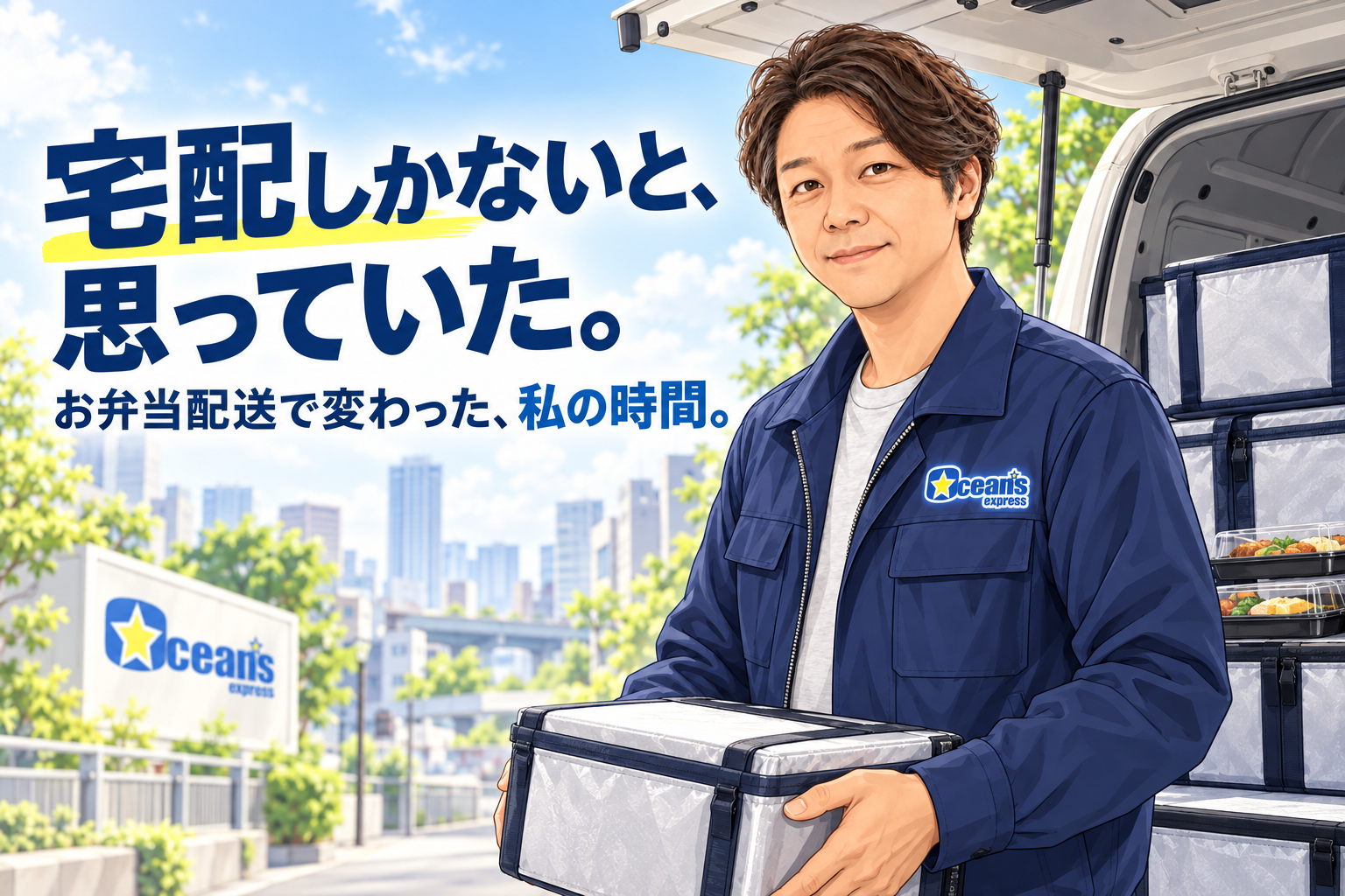 Oceans expressのロゴ入り作業着の男性と、お弁当配送の軽バンのイメージイラスト。宅配しかないと、思っていた。というコピー入り